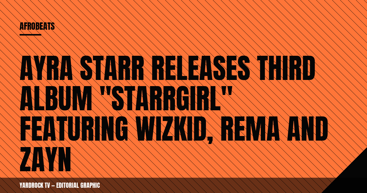 Editorial graphic headline reading "Ayra Starr Releases Third Album Starrgirl Featuring Wizkid, Rema and ZAYN"