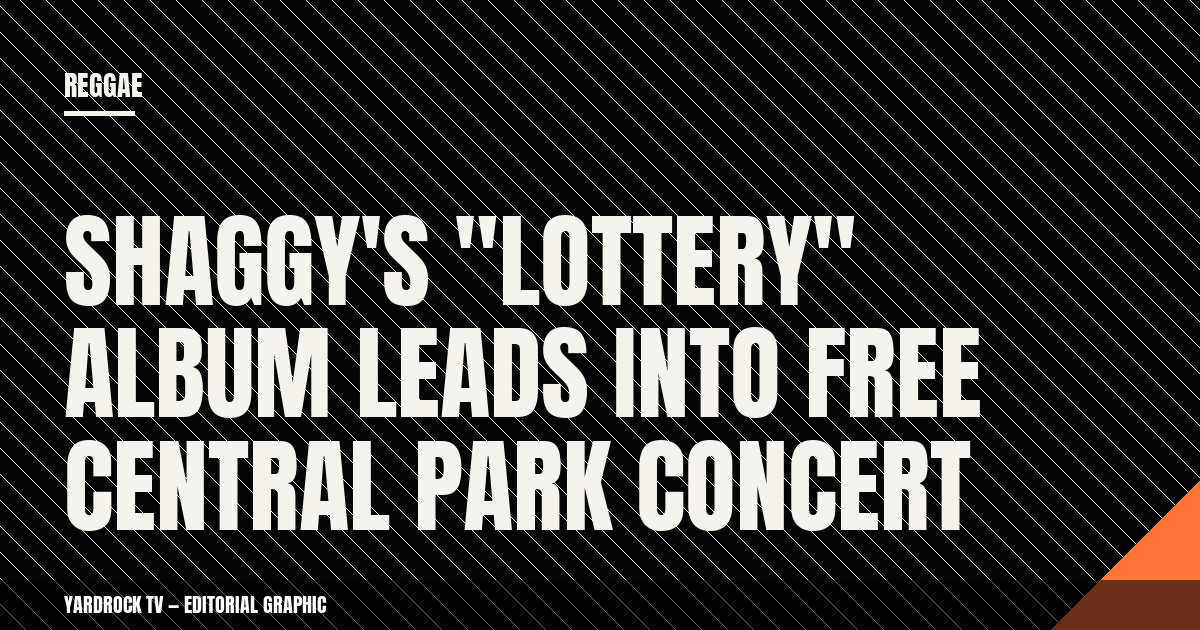 Editorial graphic headline reading "Shaggy's Lottery Album Leads Into Free Central Park Concert"